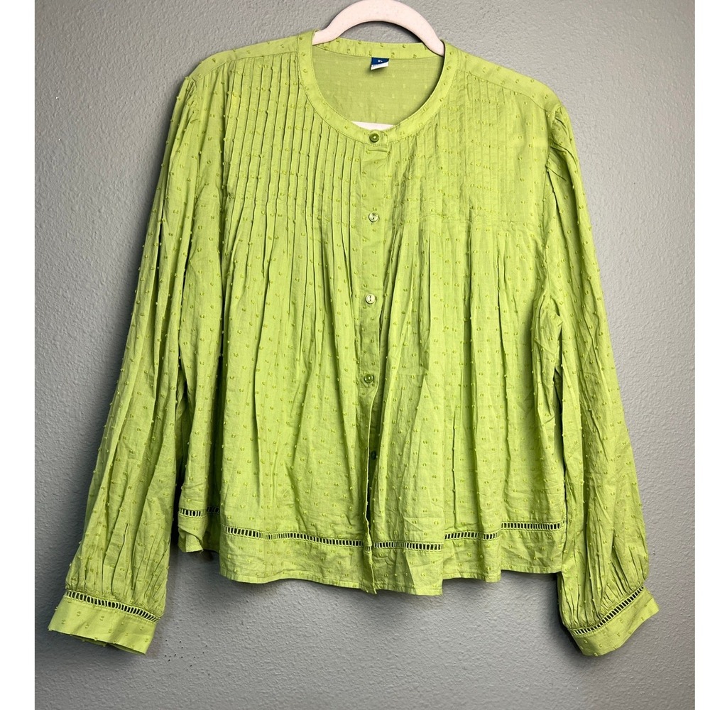 Old Navy Fairy Whimsical Dandelion Leaf Green Pintuck Swiss Dot Cotton Blouse XL